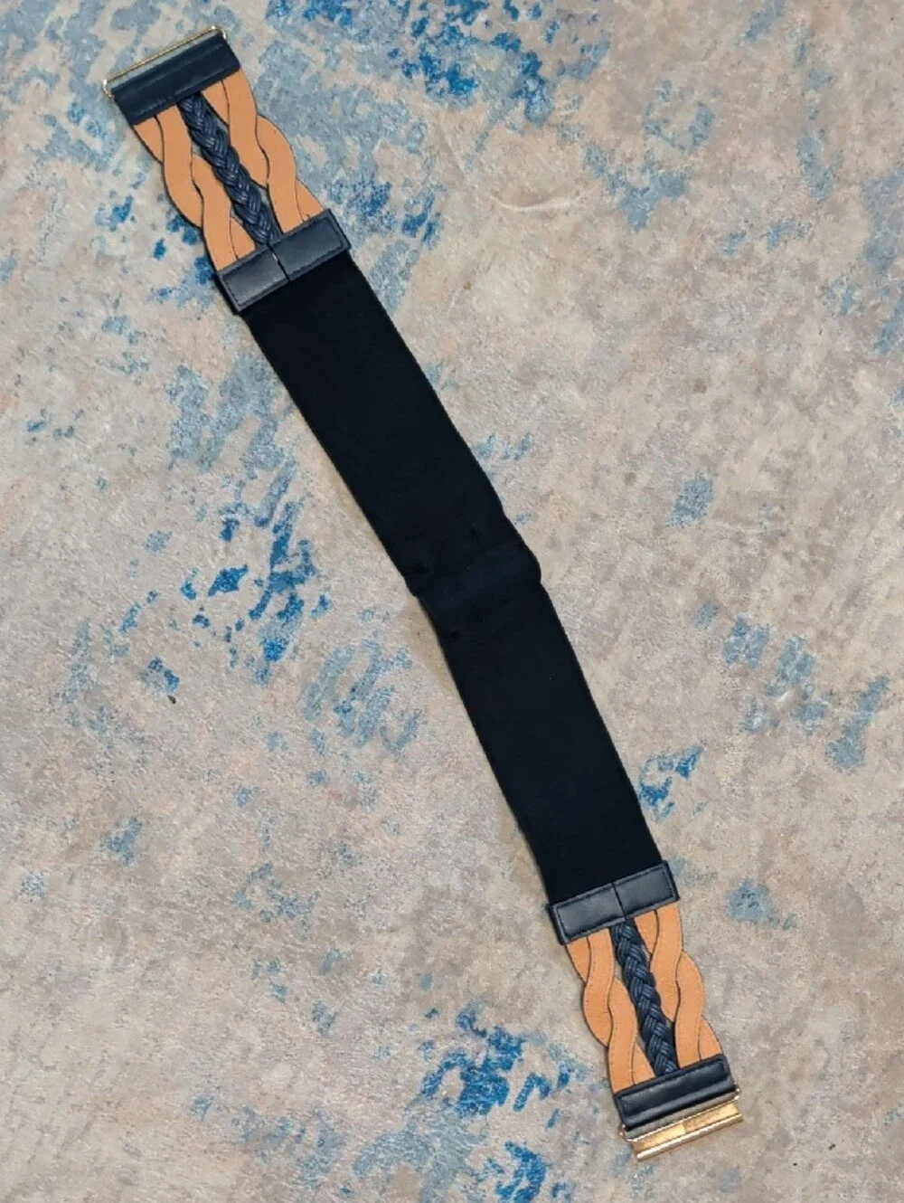 Navy Blue Elastic Braided Leather Wide Cinch Belt W/ Gold Accents 28